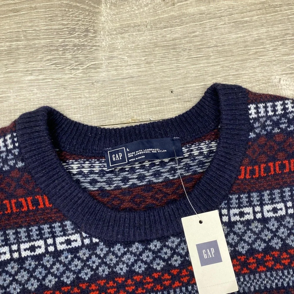 Gap Sweater Mens Large Blue Lambswool Nylon‎ Fair Isle Crewneck Pullover Knit